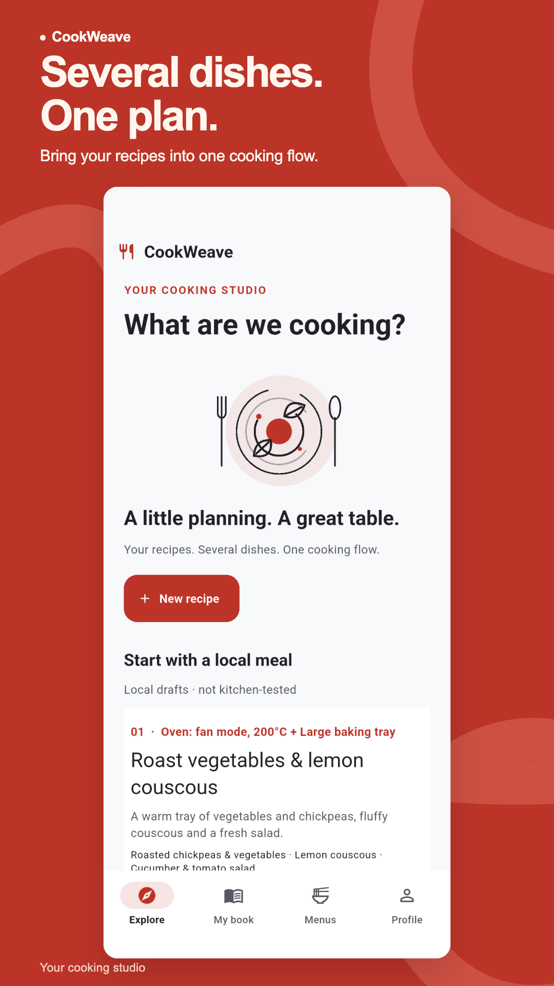 CookWeave home with a local menu draft and a new recipe action