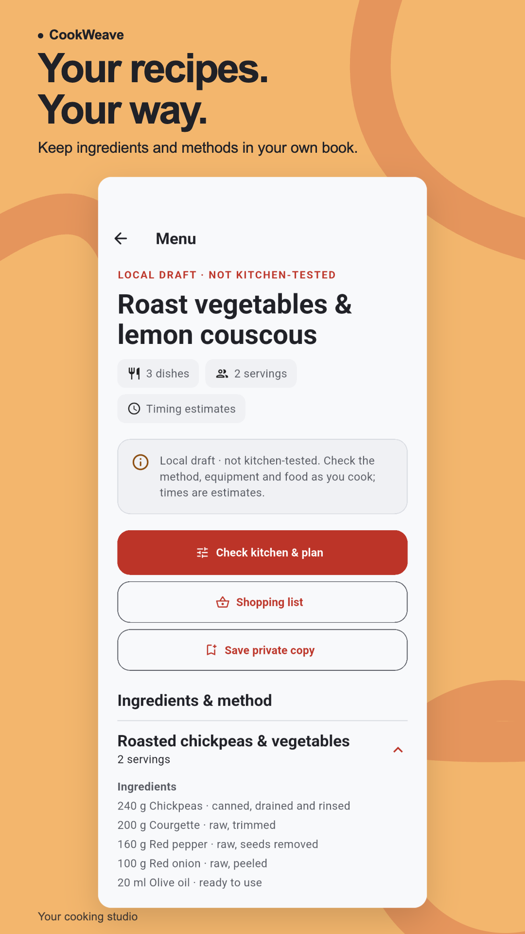 Private recipe and menu copy