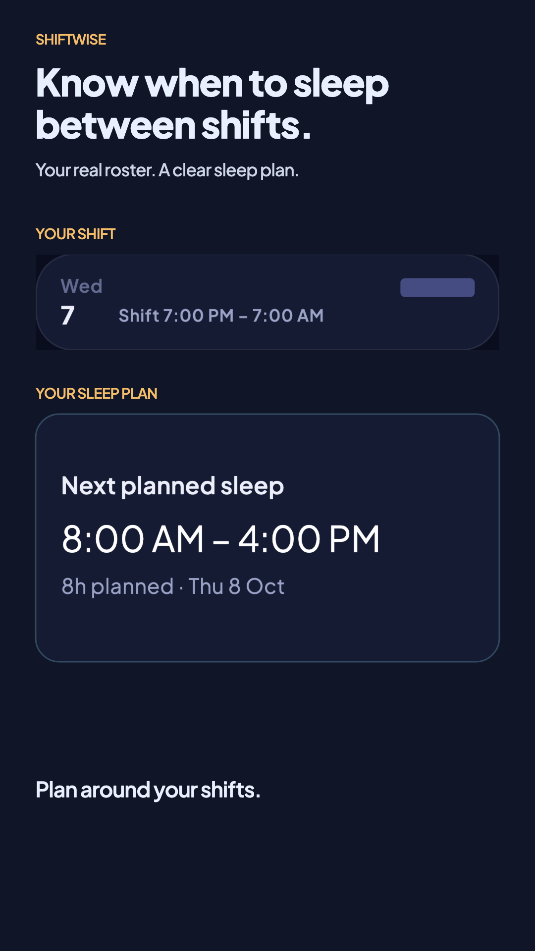 Shiftwise preview showing a night shift and suggested sleep window