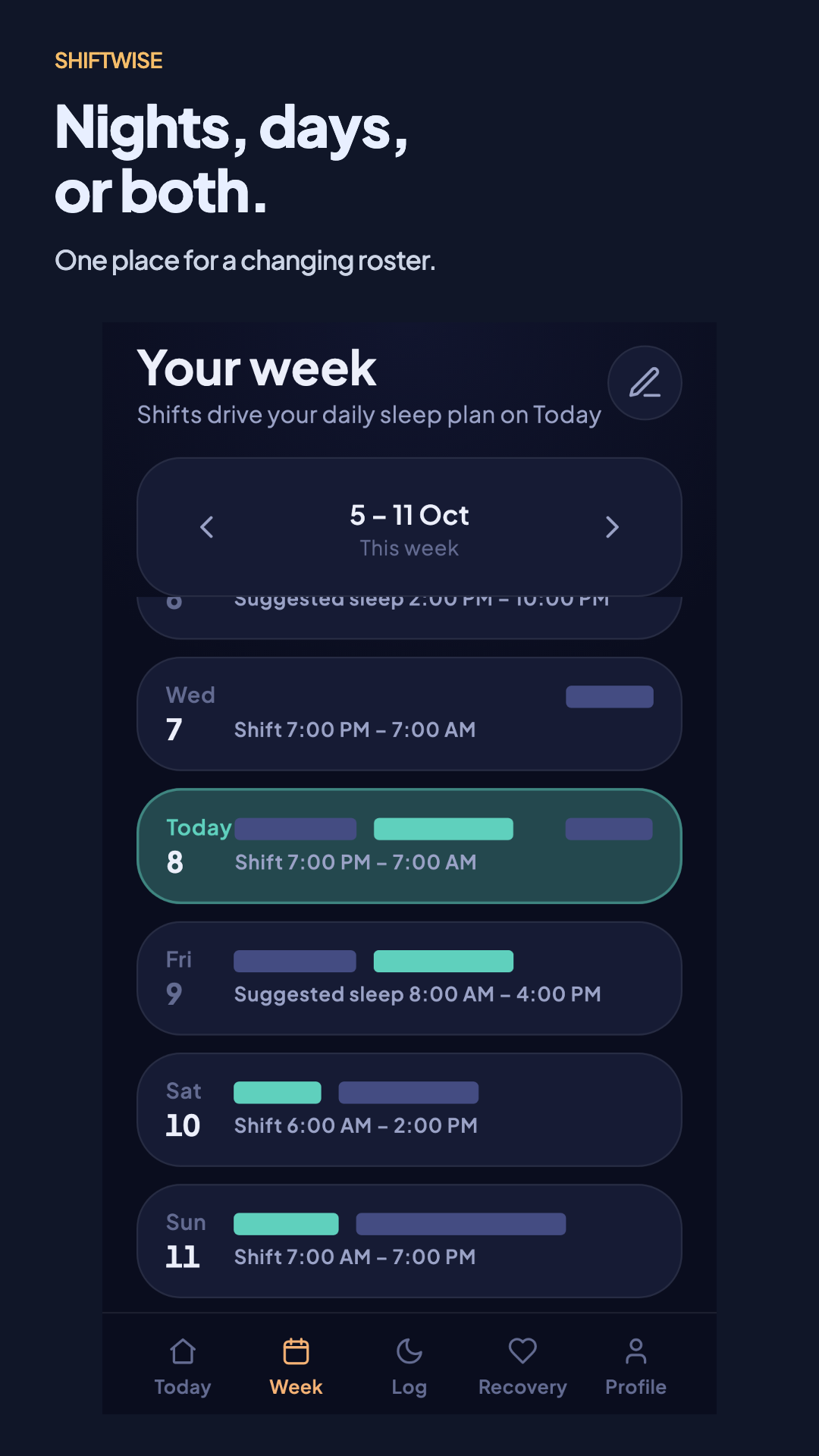 Weekly view with day and night shifts alongside suggested sleep