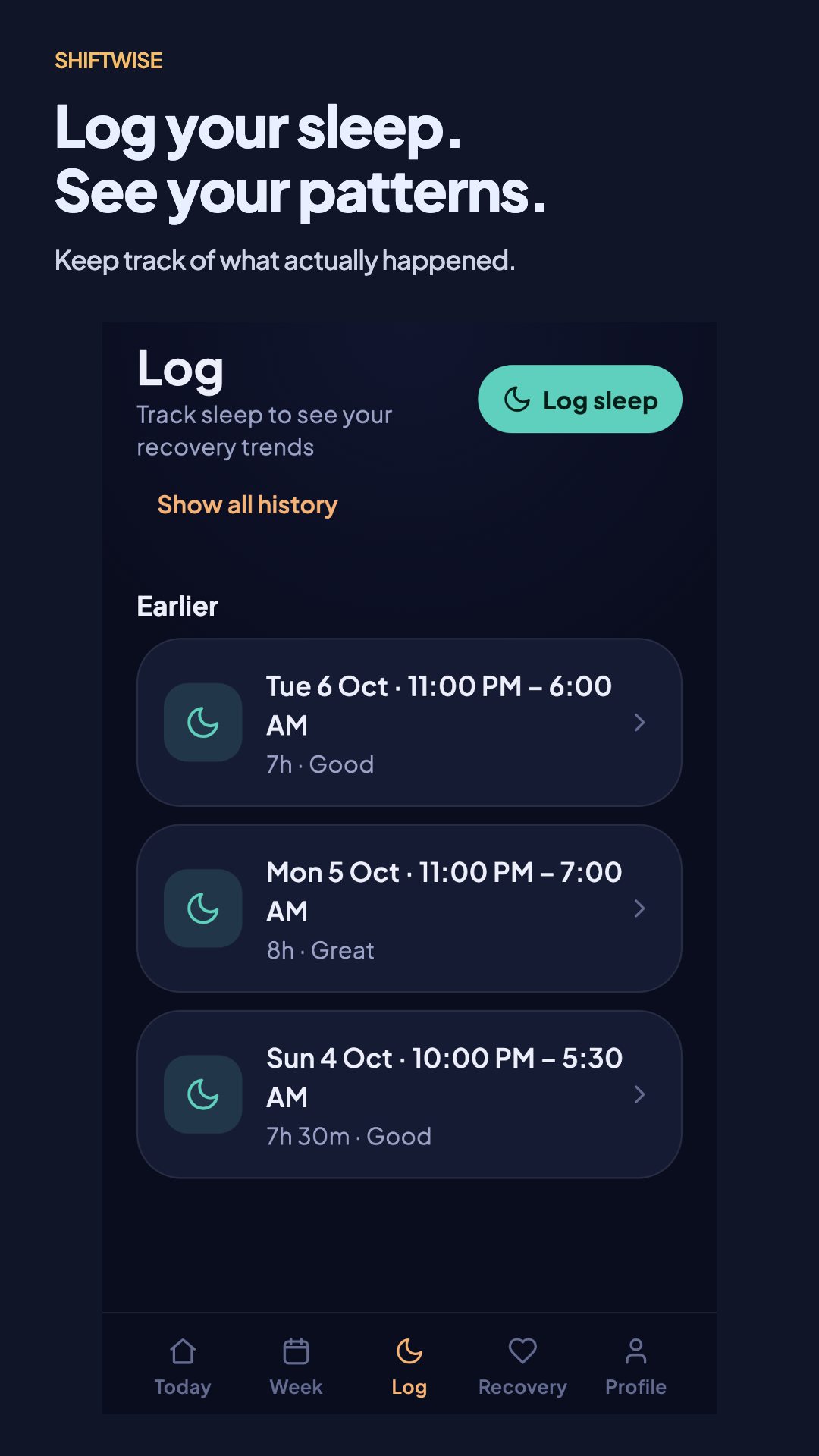 Manual sleep journal with duration and quality