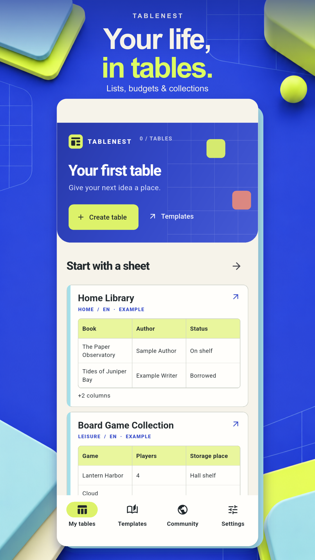 TableNest start screen with local tables and built-in examples