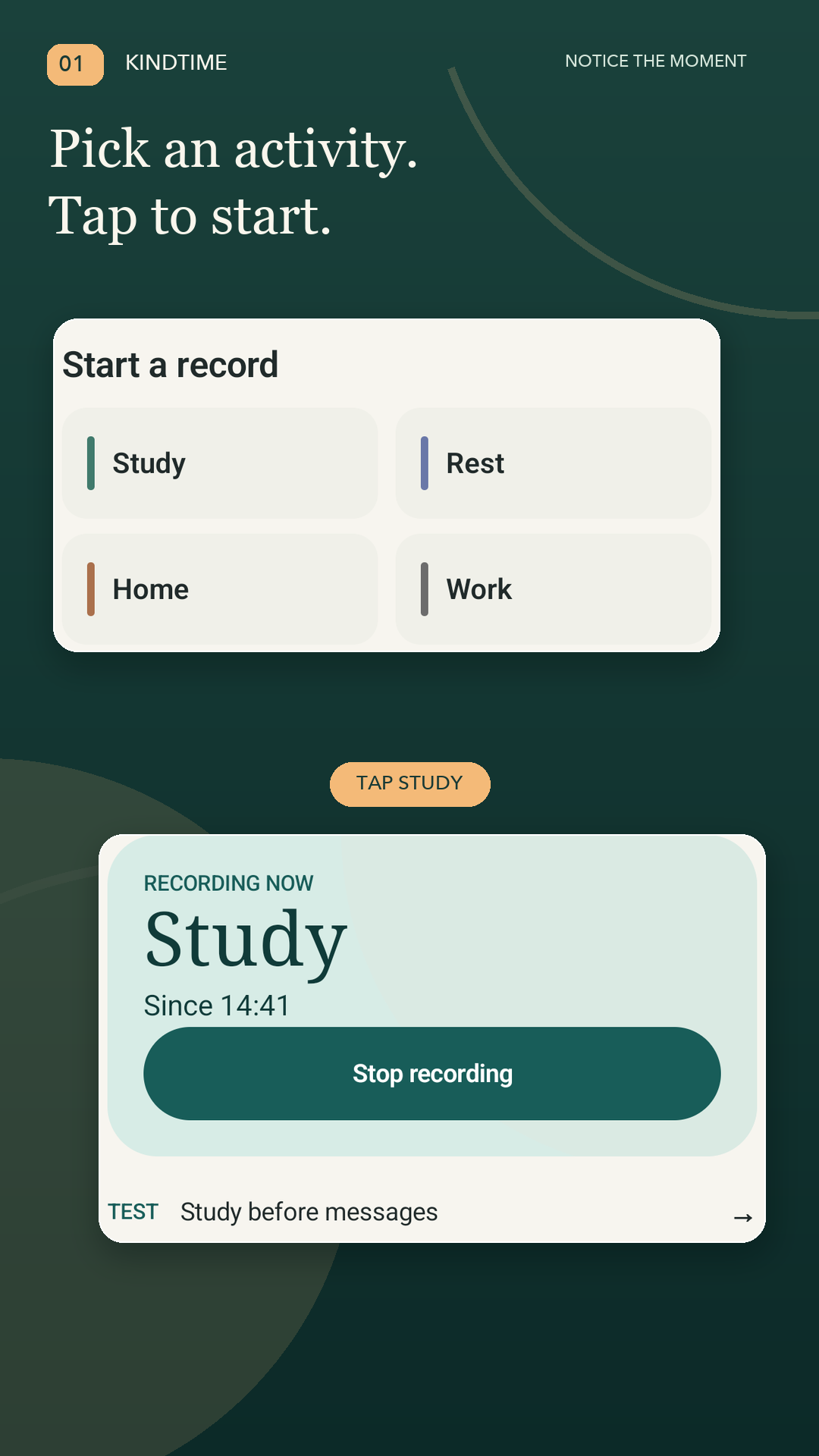 KindTime screen showing a one-tap activity record